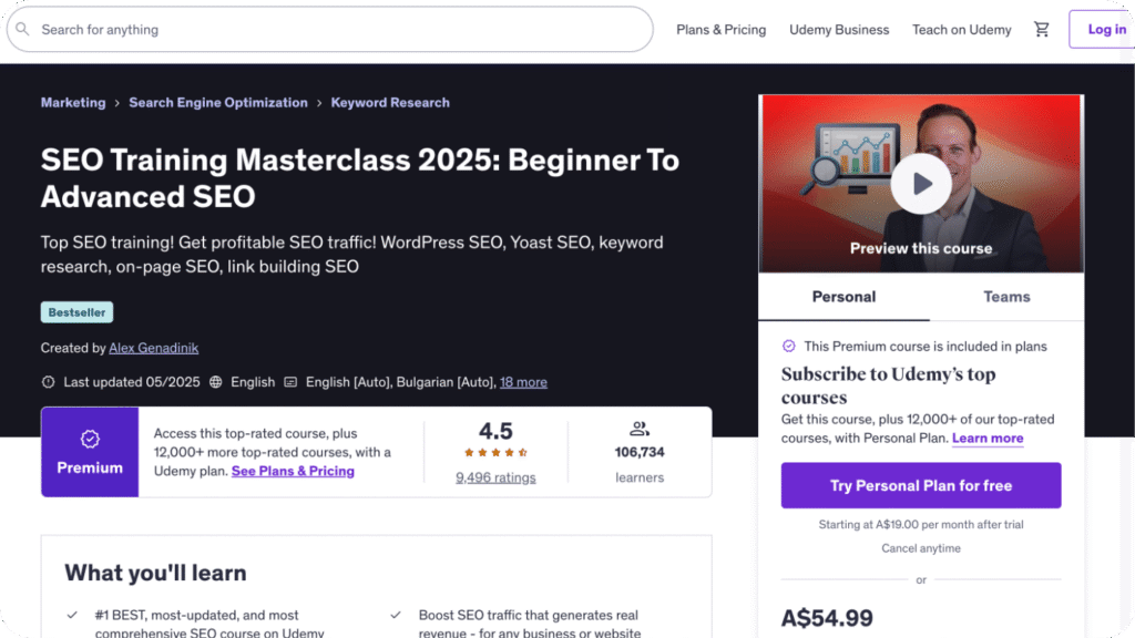 SEO Training Masterclass by Alex Genadinik